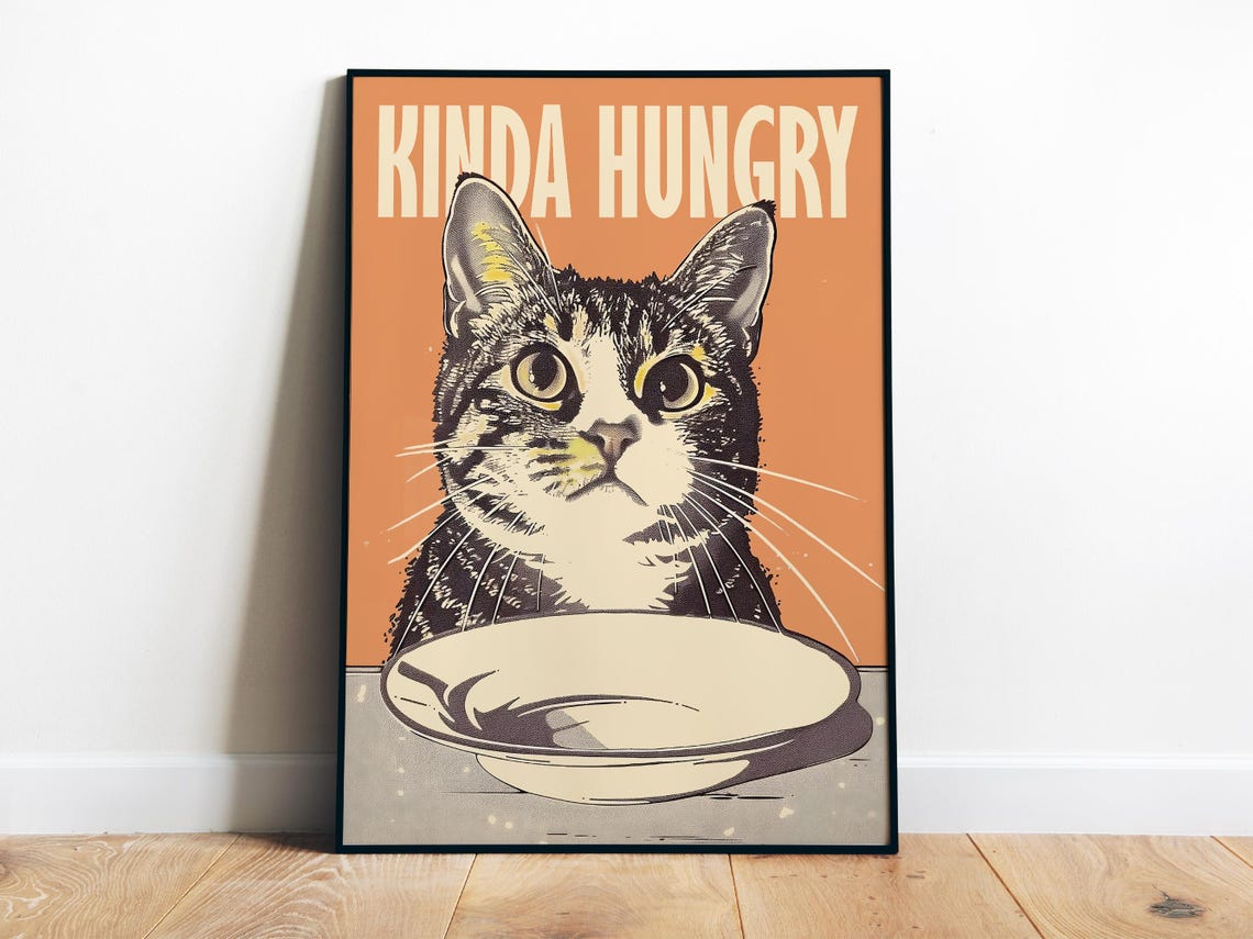 Kinda Hungry Funny Tabby Cat Empty Bowl Retro Orange Kitchen Poster