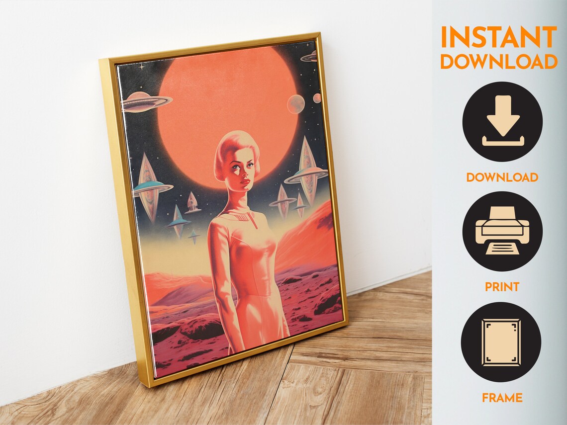 Retro Space Woman UFO Mars Planet Orange Futurist Sci Fi Poster - Image 4