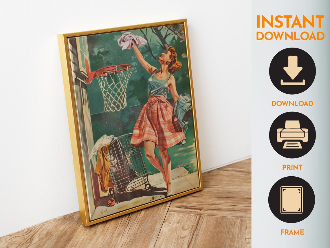 Laundry Room Funny Poster, Retro Housewife Basketball - Image 6