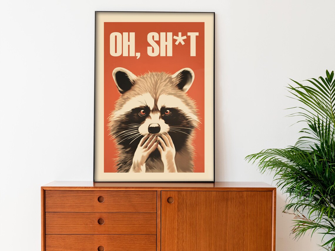 Oh Sht Shocked Raccoon Funny Animal Bathroom Humor Quote Poster - Image 3