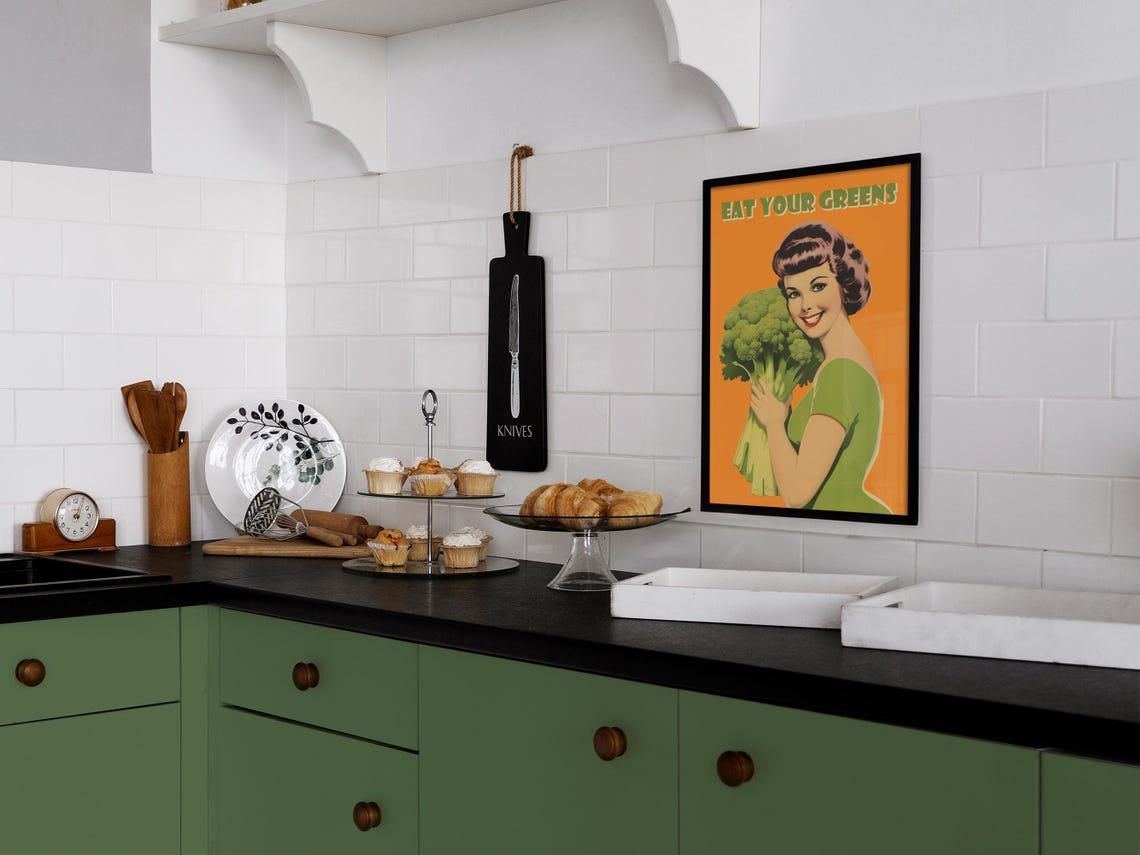 Eat Your Greens Retro Kitchen Broccoli 50s Housewife Wall Poster - Image 2