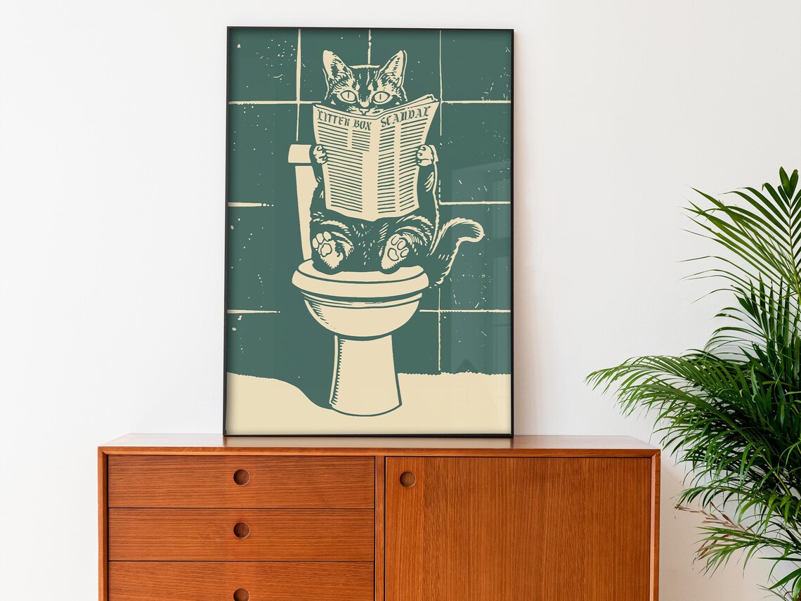 Cat on Toilet Reading Newspaper Funny Bathroom Humor Art Poster - Image 3