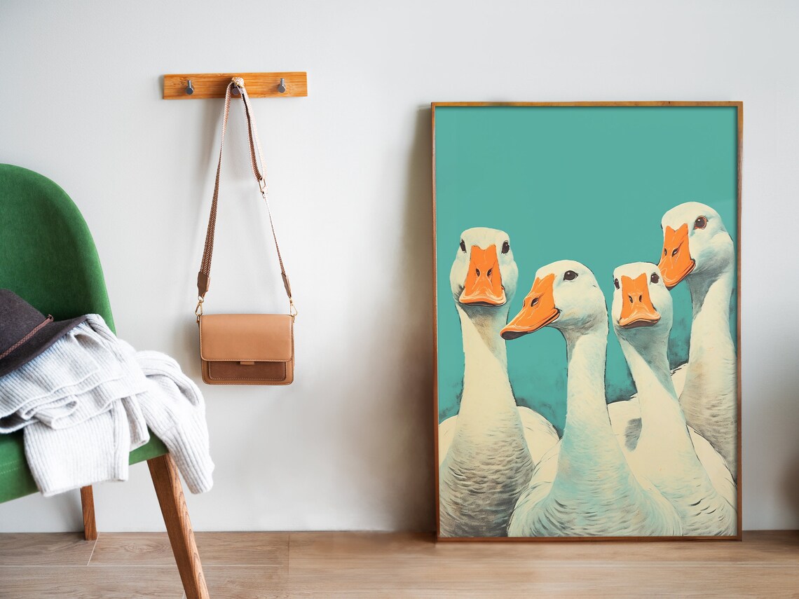 Silly Curious Geese Staring Close Up Group Portrait Teal Bird Poster - Image 5