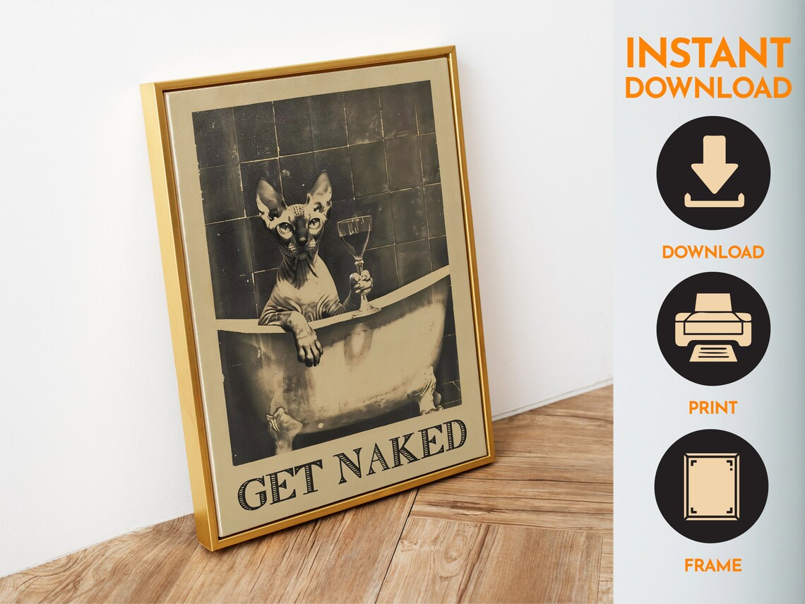 Get Naked Sphynx Cat Poster, Retro Bathroom Art - Image 6