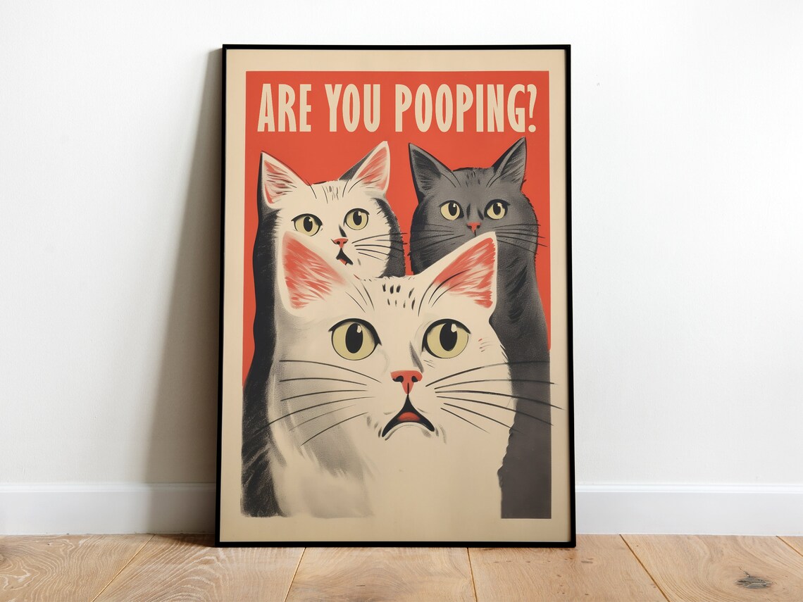 Funny Toilet Cat Bathroom Art Print, Retro Cats