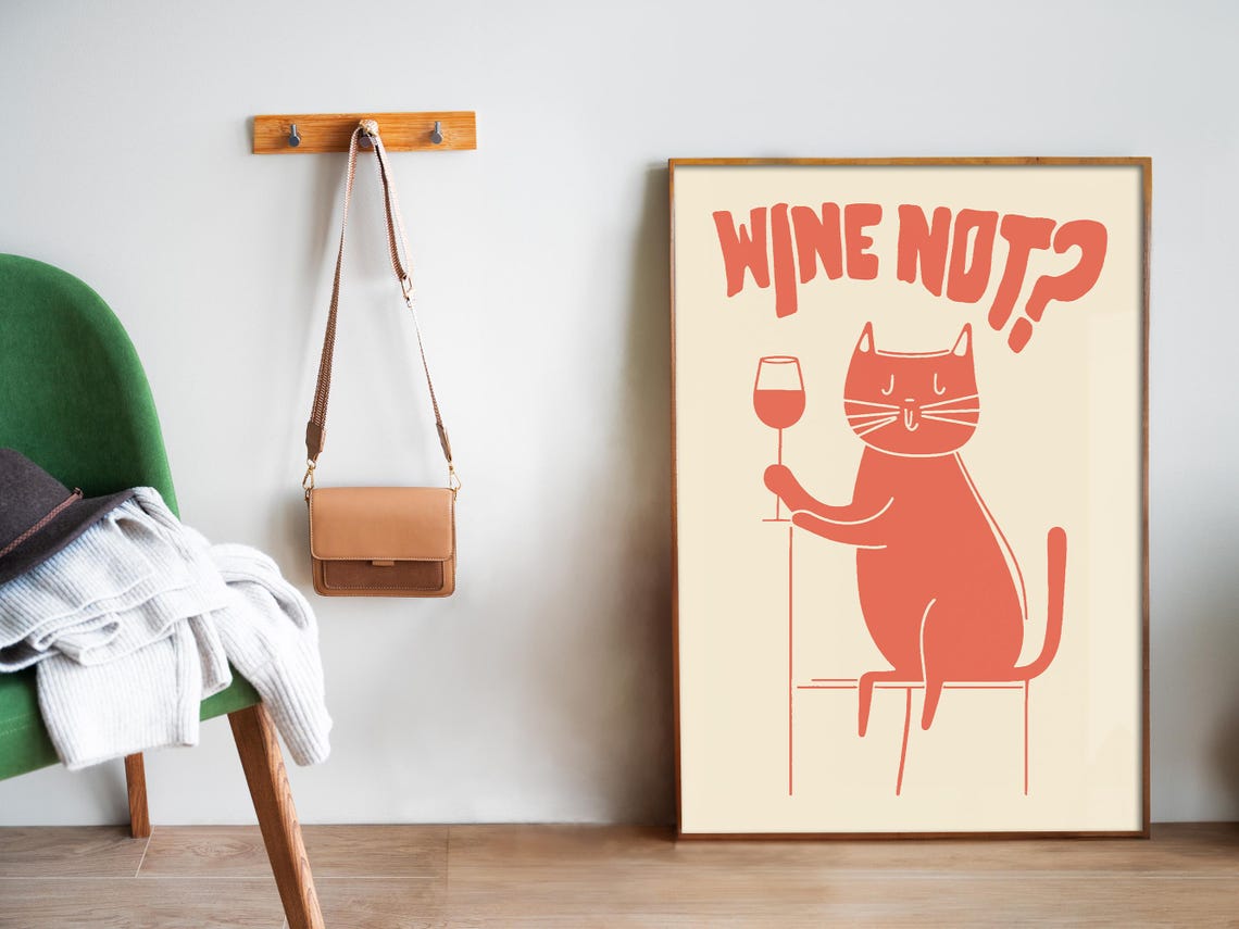 Wine Not Funny Red Cat Drinking Wine Minimalist Bar Cart Poster - Image 5