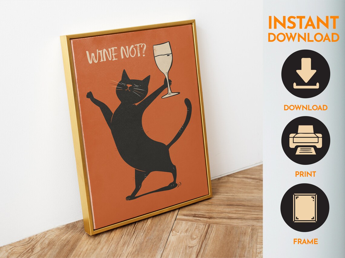 Wine Not Dancing Black Cat With Wine Glass Orange Funny Cat Poster - Image 6