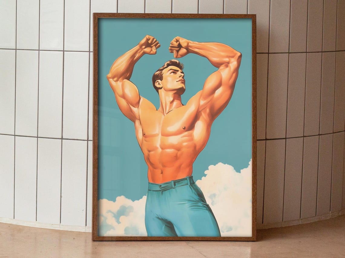 Muscular Bodybuilder Flexing Double Biceps Retro Gym Art Poster - Image 3