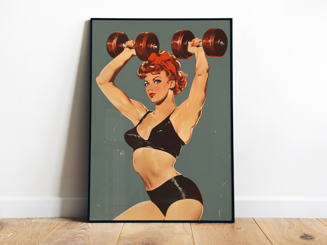 Strong Woman Lifting Dumbbells Retro Pin Up Gym Motivation Wall Poster