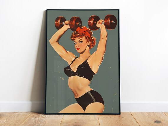 Strong Woman Lifting Dumbbells Retro Pin Up Gym Motivation Wall Poster