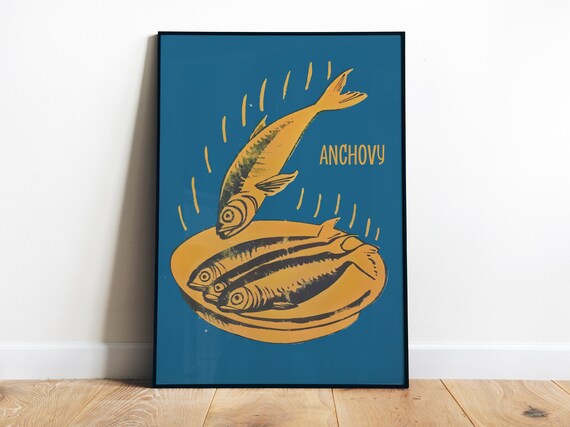 Anchovies Poster Blue Fish Kitchen Wall Art Sardine Poster Seafood Print Retro Food Art Vintage Foodie Gift Anchovy Print