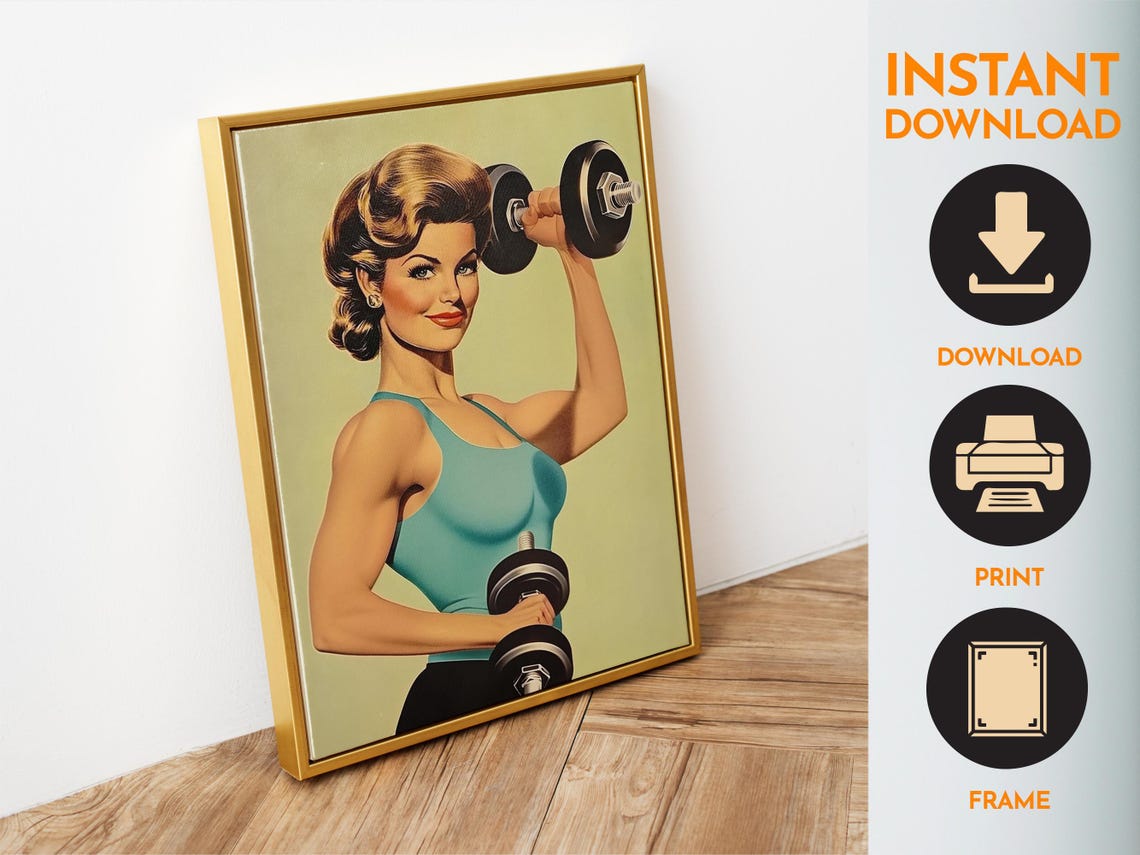 Retro Female Gym Poster Wall Art Gym Motivation Poster Workout Room Art Home Gym Wall Prints Fitness Girl Art Dumbbell Art Print - Image 6