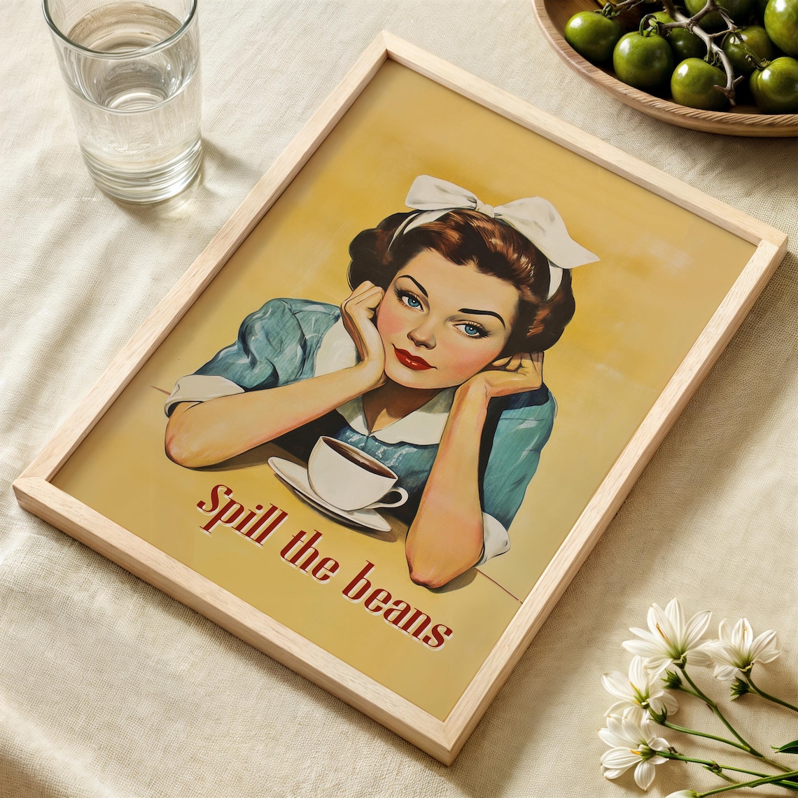 Spill The Beans Vintage Pin Up Coffee Girl Retro Kitchen Wall Art
