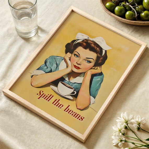 Spill The Beans Vintage Coffee Poster Quirky Kitchen Cafe Decor Retro Vibe Art Digital Download