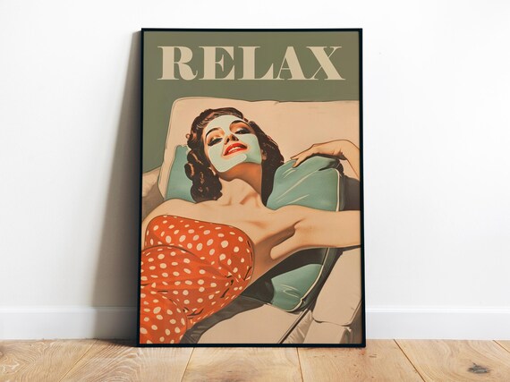 Relax Retro Housewife Face Mask Spa Day Beauty Salon Vintage Wall Poster