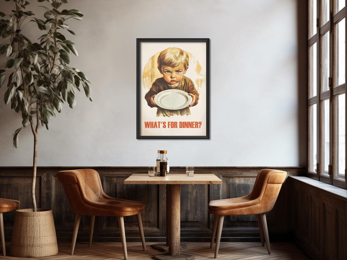 Whats For Dinner Grumpy Kid Empty Plate Funny Vintage Kitchen Poster - Image 3
