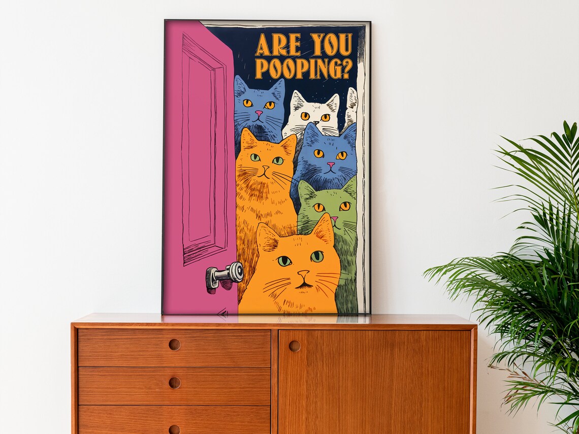 Bathroom Cat Print, Funny Maximalist Toilet Art - Image 3