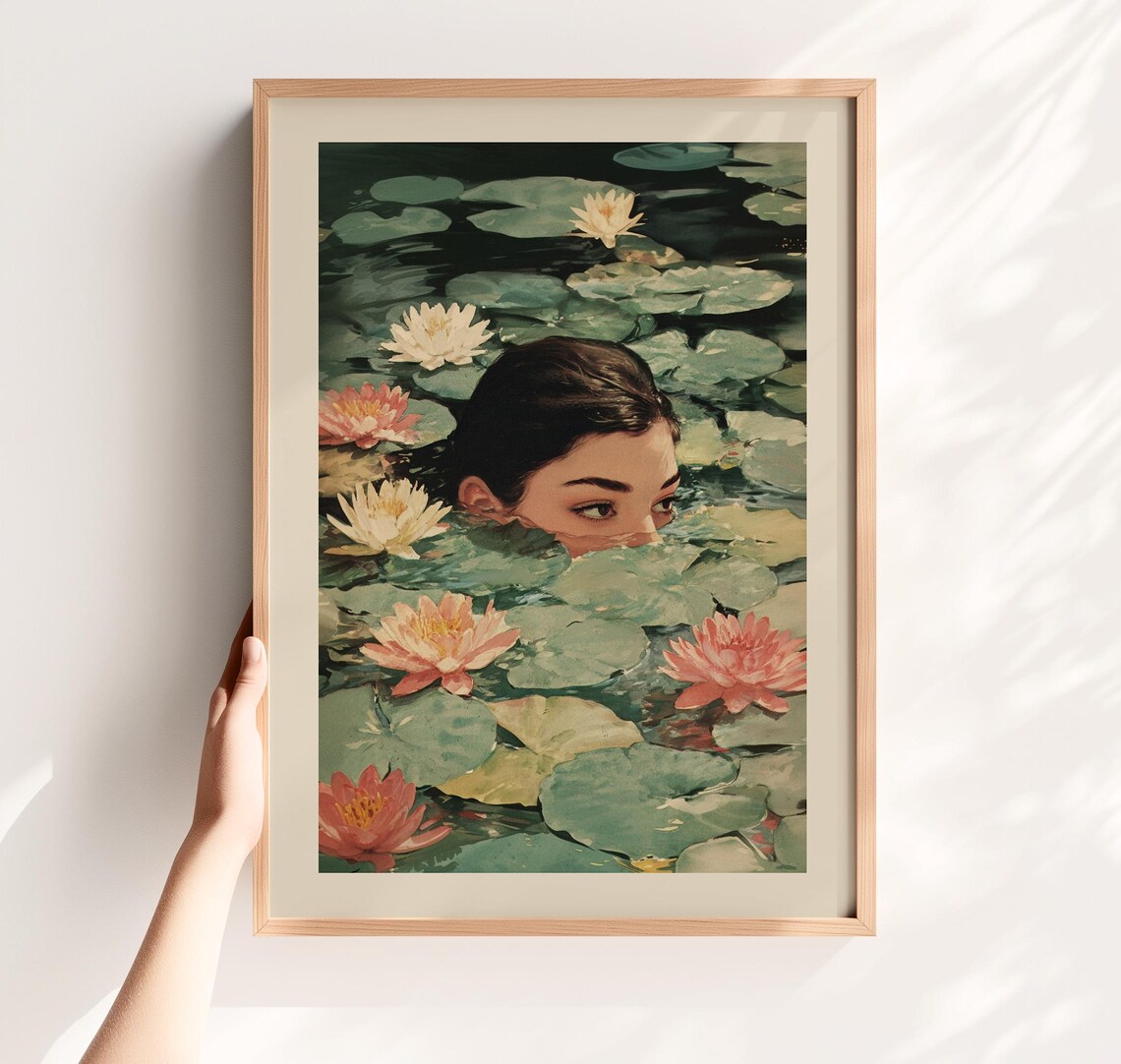 Swimming Woman Among Water Lilies Vintage Pond Botanical Art Poster