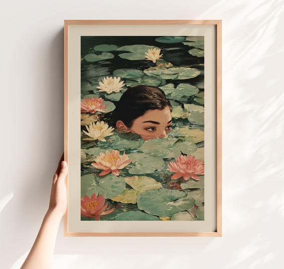 Swimming Woman Print Water Lily Art Vintage Pond Poster Botanical Wall Decor Bathroom Digital