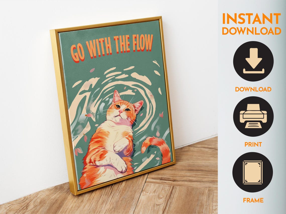 Go With The Flow Floating Orange Tabby Cat Swirls Teal Zen Poster - Image 6