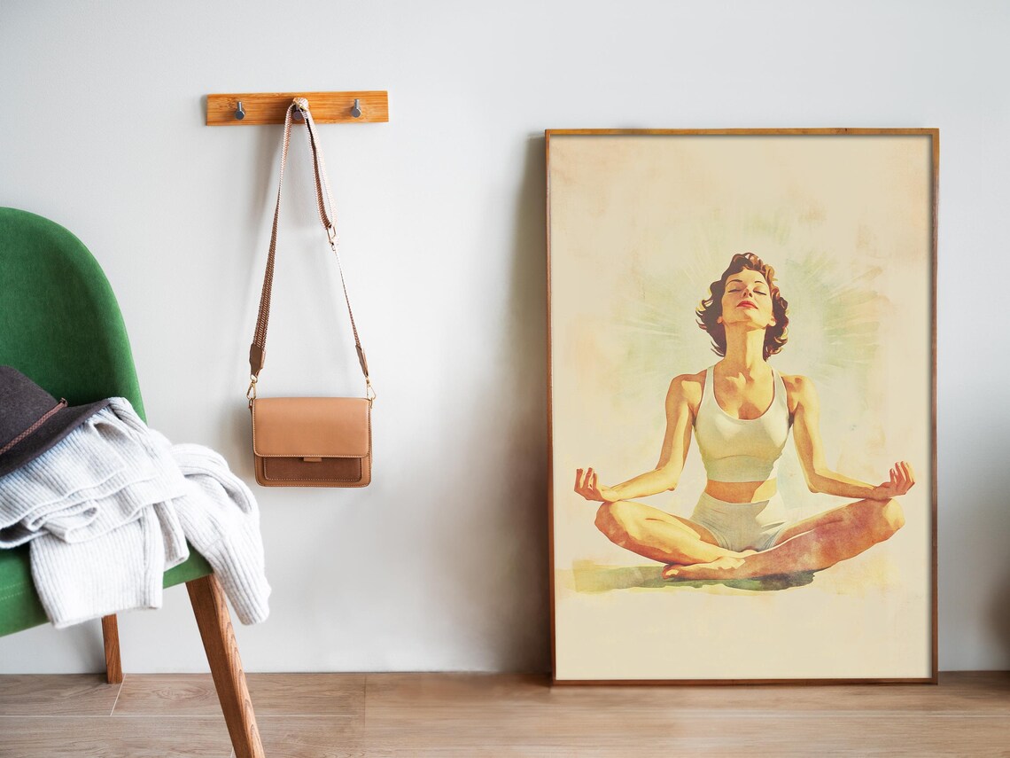 Woman Meditating In Lotus Pose Retro Yoga Wellness Art Poster - Image 5