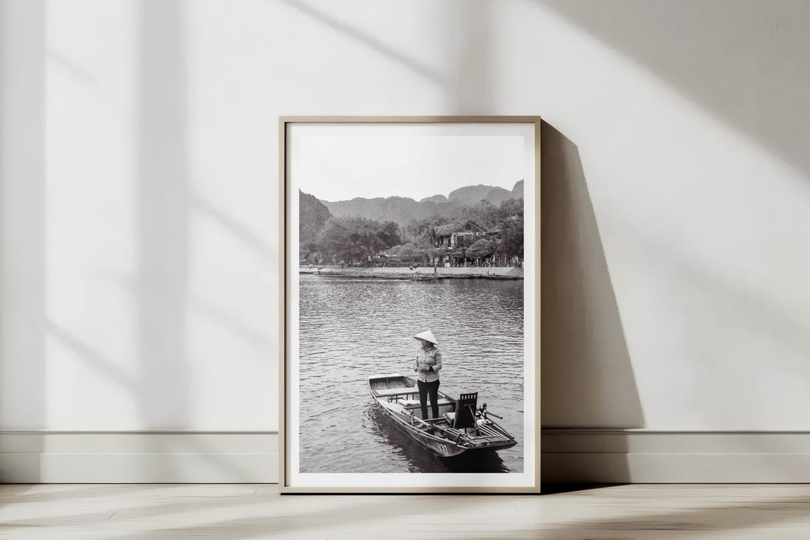 Vietnamese Boatman Conical Hat Black White Ninh Binh Photo Poster