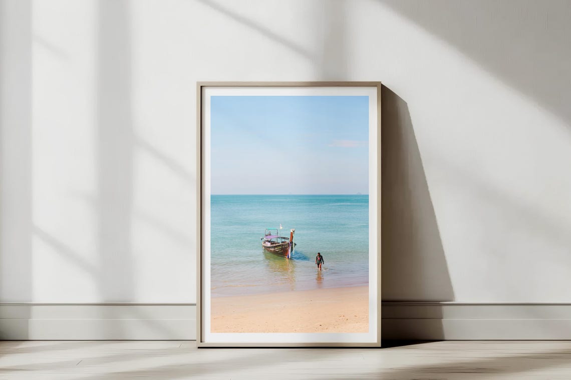 Tropical Beach with Longtail Boat and Bather Turquoise Sea Poster
