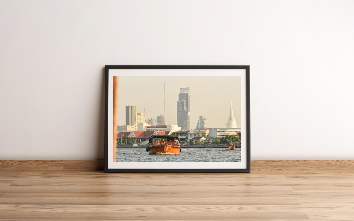 River Boat with City Skyline and Temple Spire Travel Photo Poster