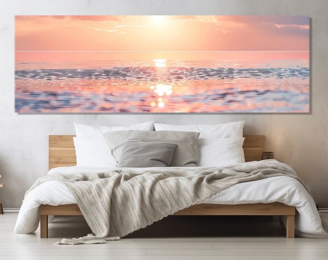 Peach Pink Sunset Ocean Glittering Waves Minimal Calm Sea Poster