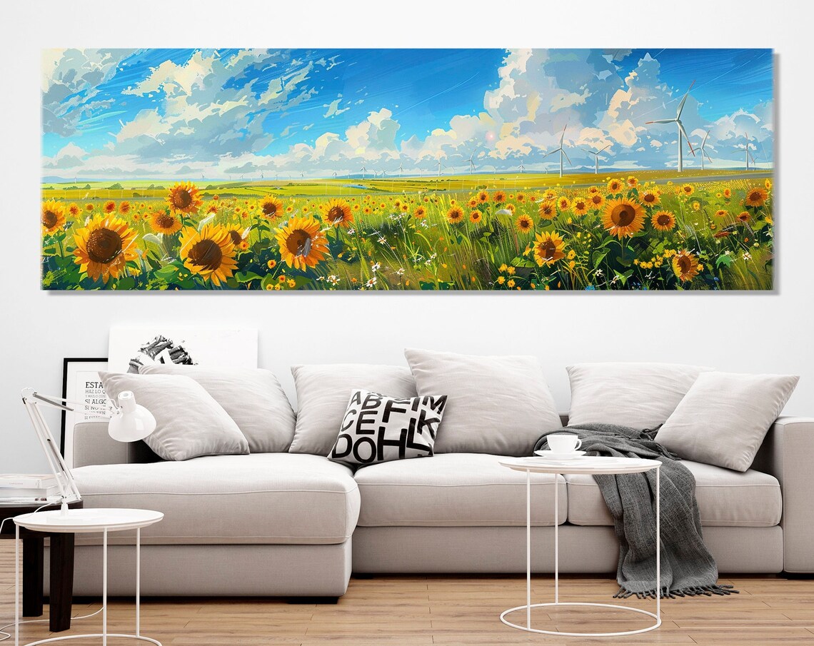 Sunflower Field Wind Turbines Blue Sky Countryside Summer Poster