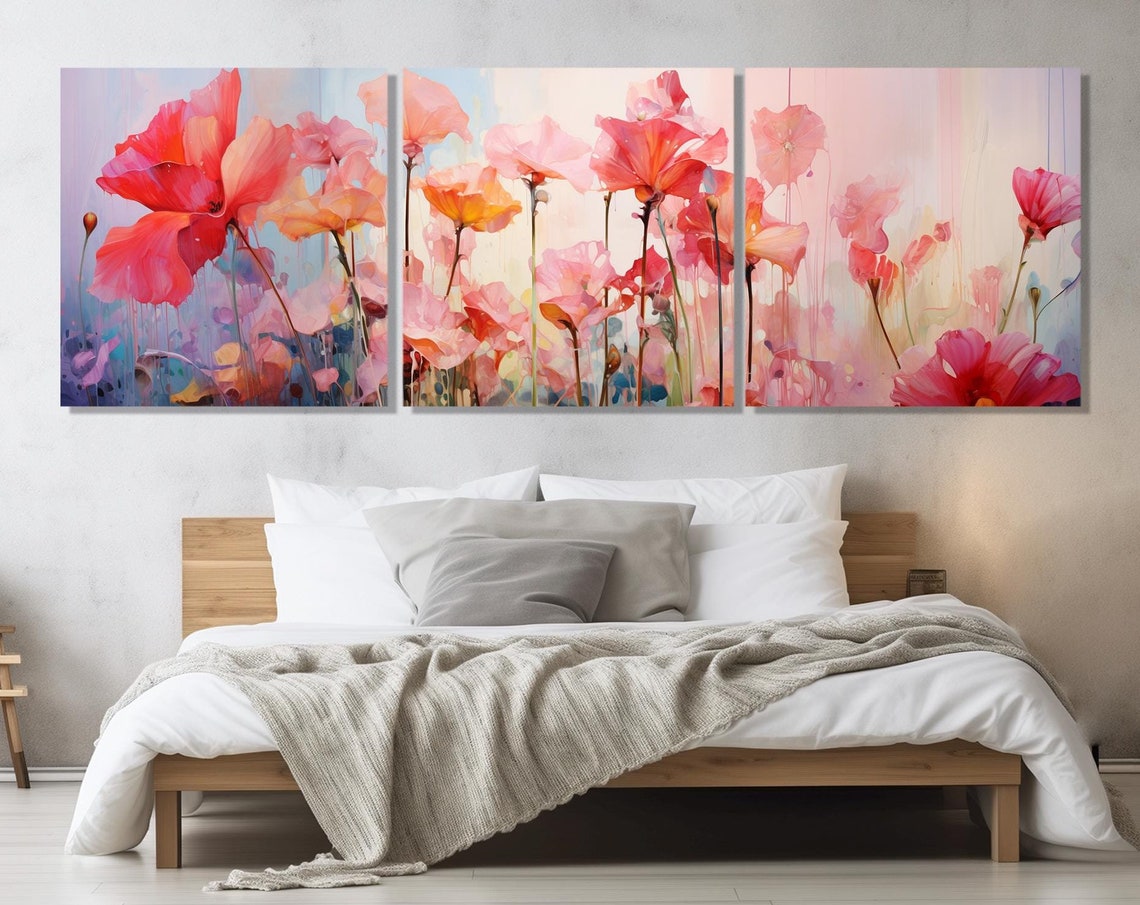 Soft Pink Wildflowers Watercolor Blooming Poppy Triptych Wall Art