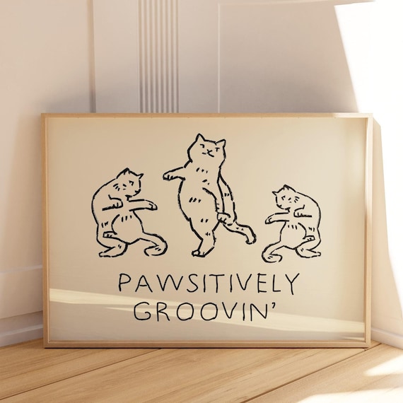 Pawsitively Groovin Cute Dancing Cats Retro Black Line Art Poster