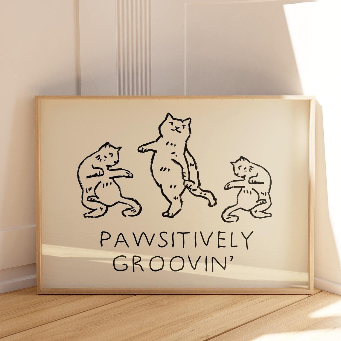 Pawsitively Groovin Cute Dancing Cats Retro Black Line Art Poster