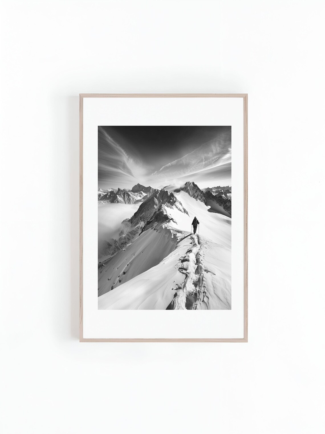 Hiker on Snowy Mountains, Black and White Print