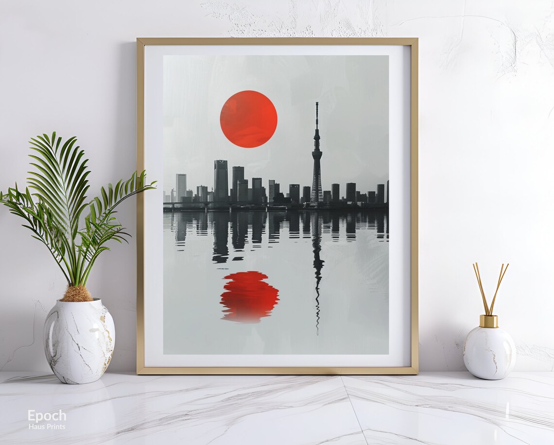Abstract Tokyo Skyline and Red Sun, Minimalist Print - Image 3