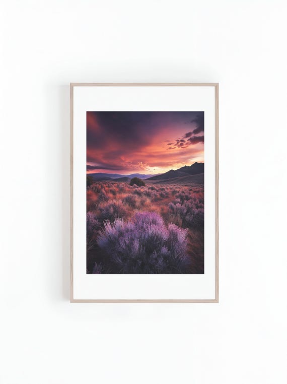 Photo Of Sunset On Hills And Mountain Ranges Beautiful Landscape Photo Minimalist Wall Art Print Instant Purple Fields