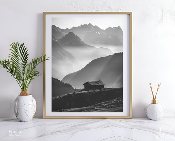 Black And White Photo Of Rolling Hills And Mountain Ranges Beautiful Landscape Photo Minimalist Wall Art Print Instant