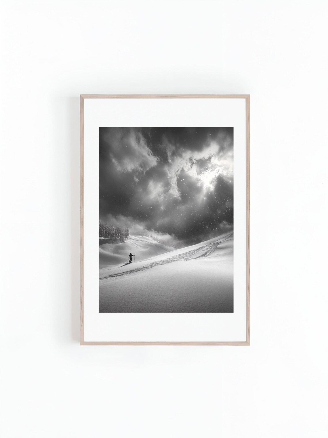 Skier on Snowy Mountain Ranges, Black and White
