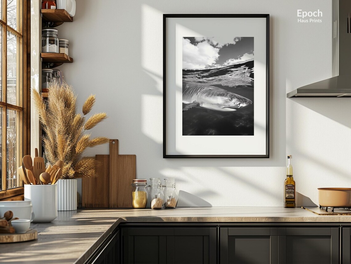 Black And White Tiger Shark Breaching The Ocean Surface Poster - Image 3