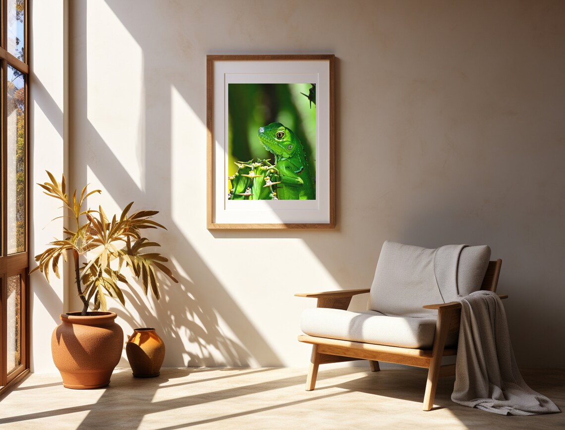 Green Iguana Perched On Cactus Close Up Wildlife Photo Poster - Image 3