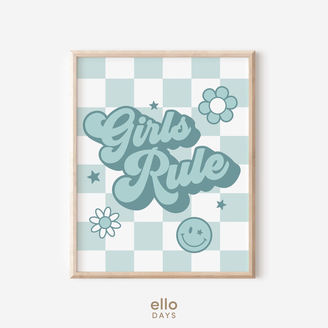 Girls Rule Retro Blue Script Daisy Checkerboard Teen Room Poster - Image 4