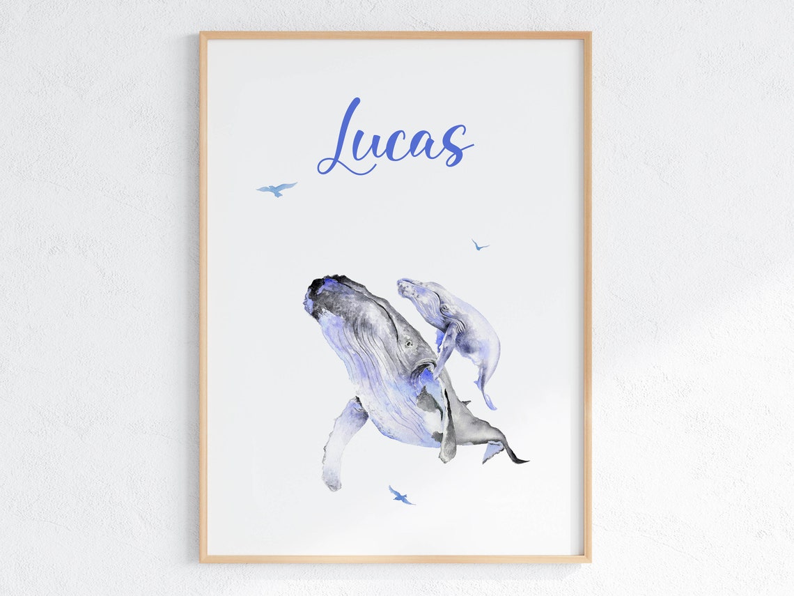 Lucas Personalized Humpback Whales Watercolor Nursery Art Poster