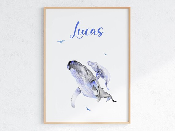 Lucas Personalized Humpback Whales Watercolor Nursery Art Poster
