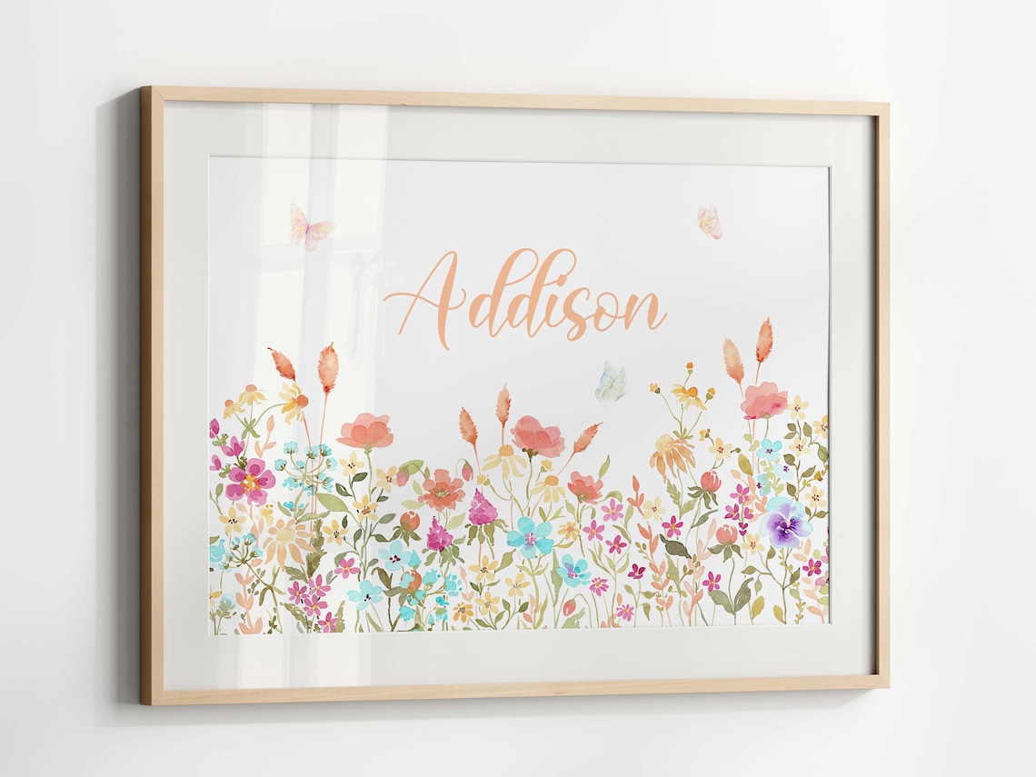Wildflower Girl Name Watercolor Poster, Boho Nursery