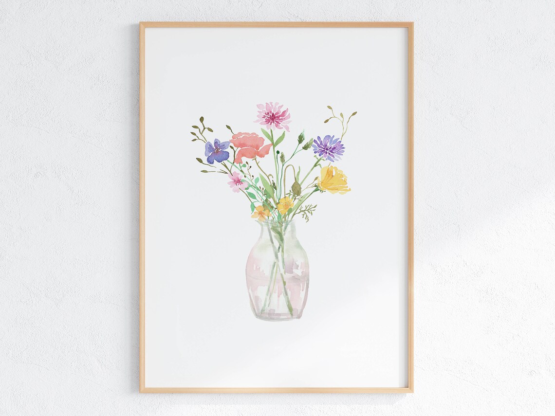 Wildflower Bouquet in Glass Vase Watercolor Floral Art Print