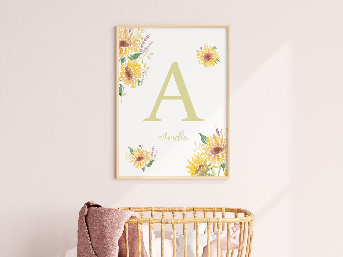 Sunflower Letter And Name Watercolor Art Print - Image 2
