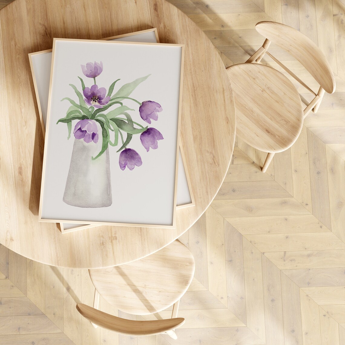 Purple Tulips White Vase Watercolor Floral Minimalist Poster - Image 3