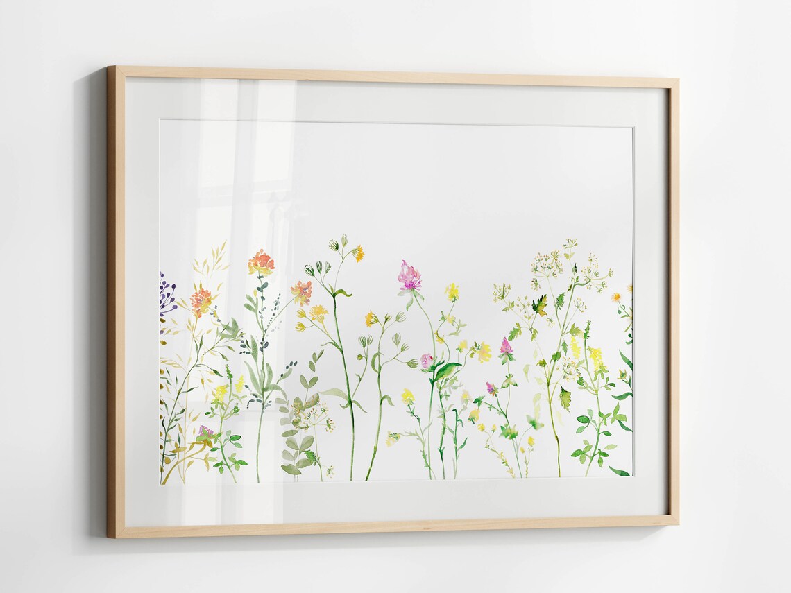 Horizontal Floral Watercolor Print, Country Wildflowers