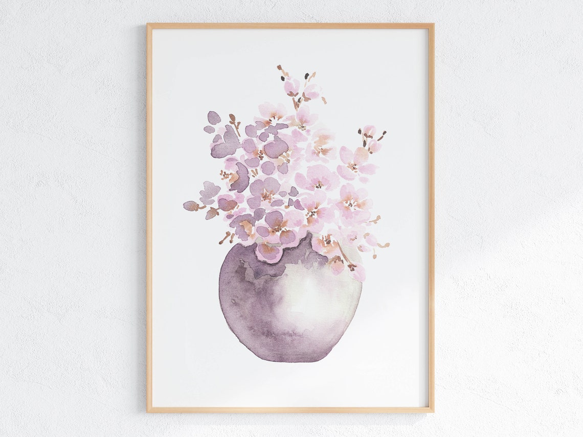 Soft Pink Cherry Blossom Sakura Flowers In Vase Watercolor Print
