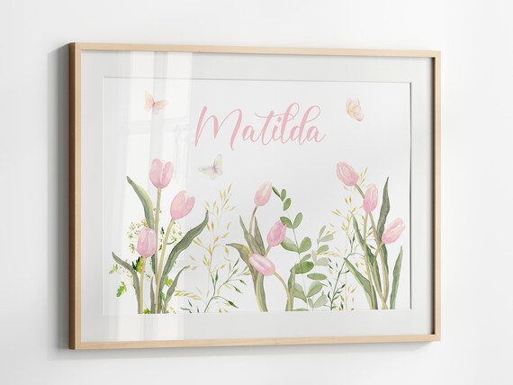 Personalized Matilda Name Pink Tulips Watercolor Nursery Poster